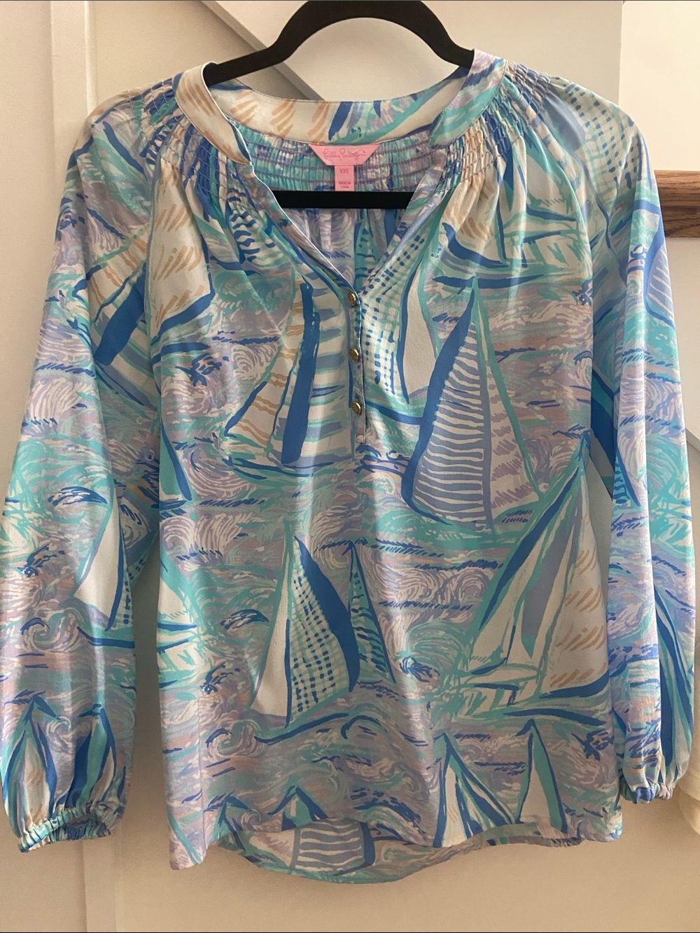 Lilly Pulitzer Sailboat Print Peasant Blouse in Light Blue and Aqua